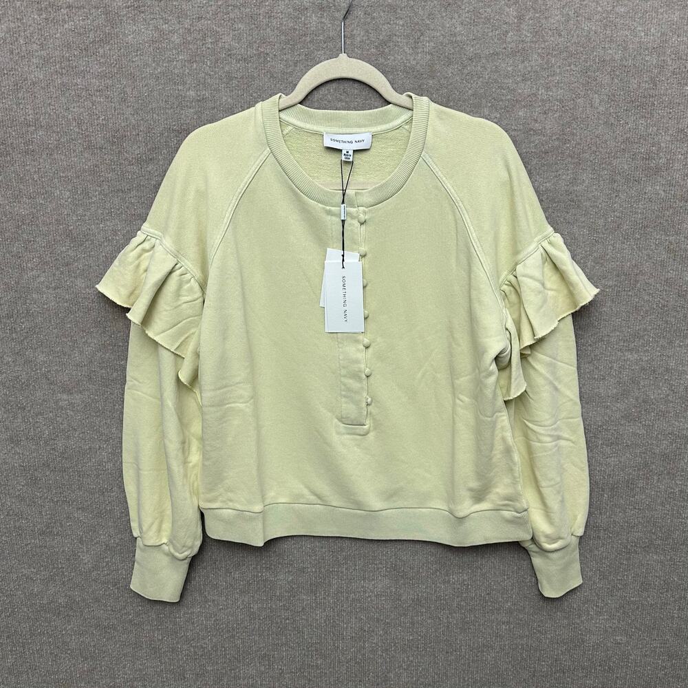 Something Navy Ruffle Henley Sweatshirt Yellow Lime Terry Cloth Pullover Size M